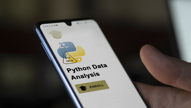 January 03th 2024. Student enrolls to Python Data Analysis program on a phone, upskilling certification by e-learning