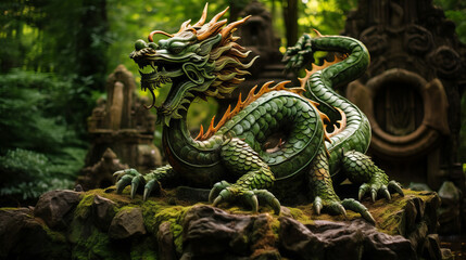 Chinese dragon sculpture in middle of green forest representing 2024 chinese new year sign the wood dragon - obrazy, fototapety, plakaty