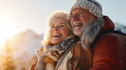 Portrait of old elderly couple at top of snowy mountain for winter sports holidays