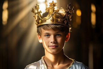 Portrait of a young Prince heir wearing a golden crown - obrazy, fototapety, plakaty