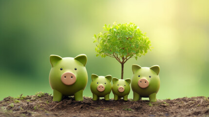 Environmental investment and eco savings success concept with green piggy banks with growth of plant on green background