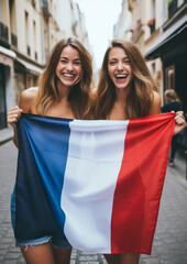 Two French cheerful woman friends holding a France flag on Paris city street - obrazy, fototapety, plakaty