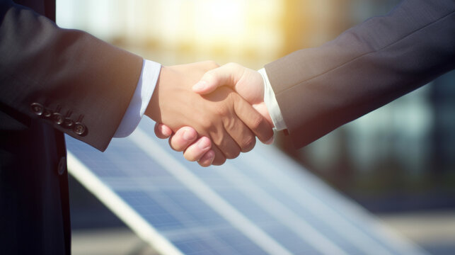 Shaking hands on renewable energy background showing commitment on sustainable energy such as sonar panels concept image