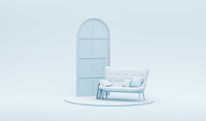 Living Room in trend blue color background. Arch door and sofa on podium. 3d render