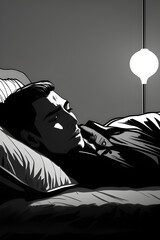 Closeup on face of a sleeping guy in bed peacefully resting after exhausted daily routine lifestyle in a comfy bedroom with bright lamp Comic Style