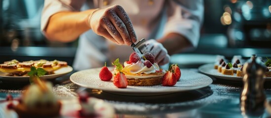 The pastry chef is completing a dessert in a hotel or restaurant kitchen.