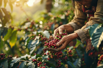 Columbia mature woman harvesting coffee bean in the coffee field - obrazy, fototapety, plakaty