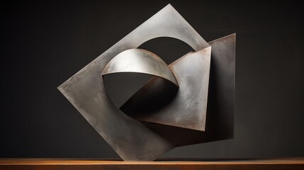 An abstract metal sculpture, characterized by sharp angles and clean lines. The piece exudes a sense of modernity and precision.