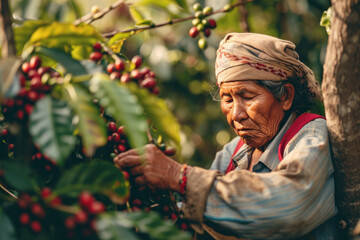 Columbia mature woman harvesting coffee bean in the coffee field