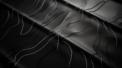 white stitching on black leather one line photography - obrazy, fototapety, plakaty