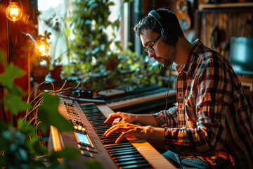 Young artist playing electric piano in his comfortable home and wearing headphones - obrazy, fototapety, plakaty