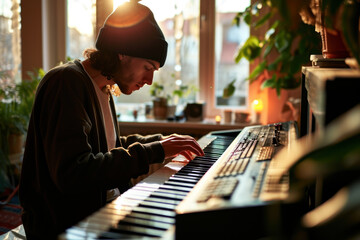 A young Artist Playing Electric Piano In His Comfortable Home