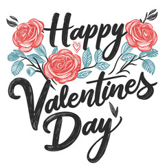 Happy Valentine's Day. Hand-drawn lettering with rose flowers. Vector illustration.