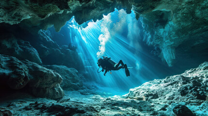 scuba diver in the cave underwater - obrazy, fototapety, plakaty