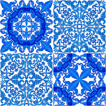 Set of blue watercolor majolica tiles. Hand drawn Sicilian traditional ornament. Italian background for fabric and wallpaper. Azulejos design.