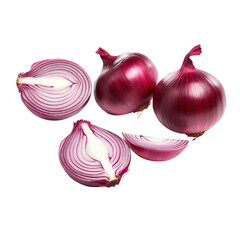 Fresh bulbs and half of red onion on transparent background, red onion vegetable, clipping path, png file,