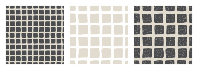 Hand drawn squares grid seamless vector pattern tile set. Collection of background textures