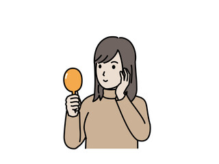 手鏡を見る若い女性のイラスト