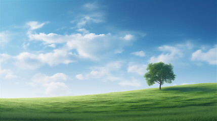 Fototapeta premium tree in the green field at the beautiful blue bright sky