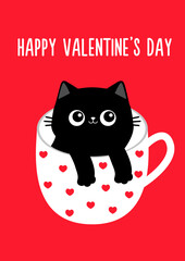Happy Valentines Day. Cat in tea coffee cup. Red heart. Paws hand. Black kitten. Cute cartoon funny baby animal pet character. Love greeting card. Flat design. Red background.