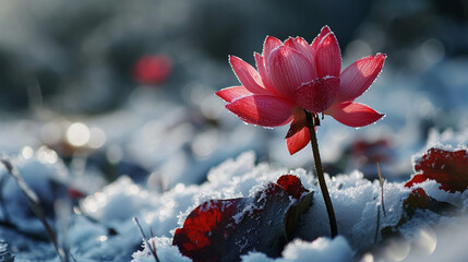 Red lotus blooming in the snow
