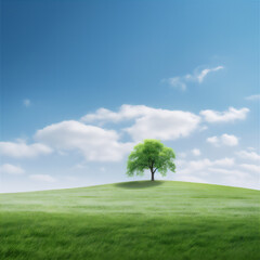Fototapeta na wymiar tree in the green field at the beautiful blue bright sky