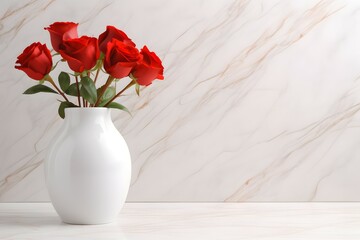Red Roses in a White Vase on White Marble Background