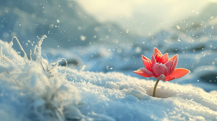 Red lotus blooming in the snow