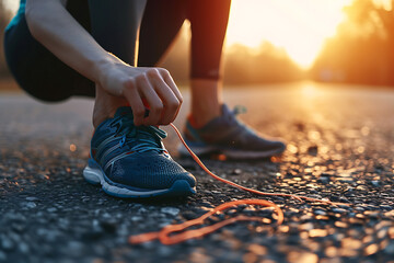 Female tying shoelaces before running sunny outdoor. Sport fitness exercise sunny wear - obrazy, fototapety, plakaty