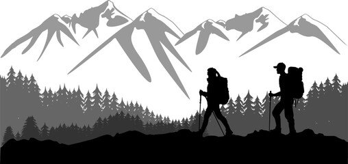 Silhouetten Berge - Wälder - Gebirge - zwei Wanderer - obrazy, fototapety, plakaty