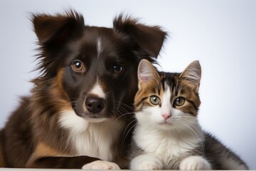 Adorable puppy and kitten seated on a white backdrop, pet photography