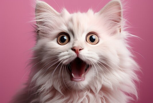 Cute cat yawning against pink backdrop, cute domestic pet image