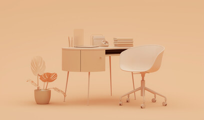 Peach Fuzz is a trend colour year 2024 in Minimal office table desk.  For study desk, clock, plant pot and workspace. Mockup template apricot crush color and orange background. 3D rendering