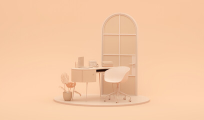 Peach Fuzz is a trend colour year 2024 in Minimal office table desk.  For study desk, clock, plant pot and workspace. Mockup template apricot crush color and orange background. 3D rendering