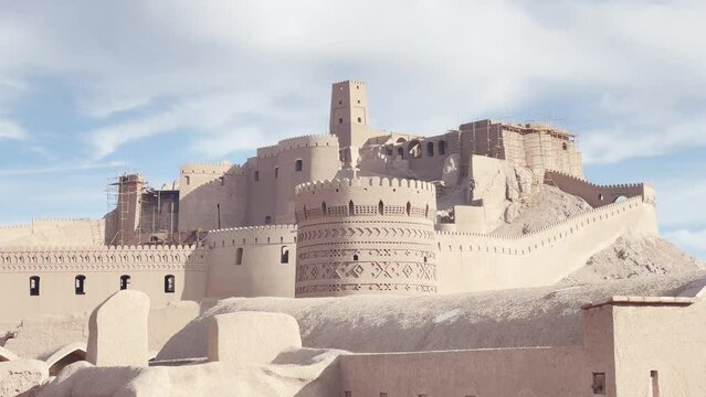 Restored Arg-e Bam Citadel, Kerman, Iran under blue skies