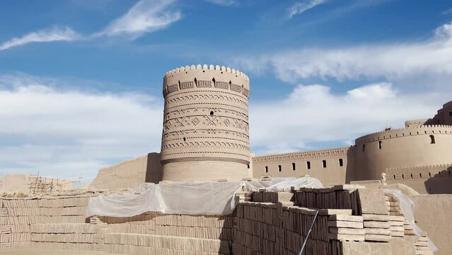 Ornate Tower of Arg-e Bam, Iran Under Blue Skies