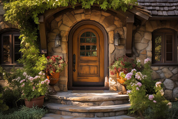 Fototapeta na wymiar Enchanting Home Entrance Adorned with Vibrant Flowers