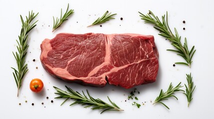 Top View. Raw beef steak with rosemary and spices for cooking on white background.