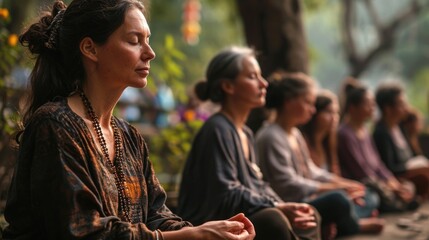 An image of a peaceful meditation session in a tranquil outdoor setting, with people of all ages participating International Day of Happiness