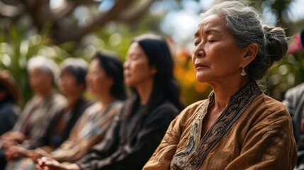 An image of a peaceful meditation session in a tranquil outdoor setting, with people of all ages participating International Day of Happiness - obrazy, fototapety, plakaty