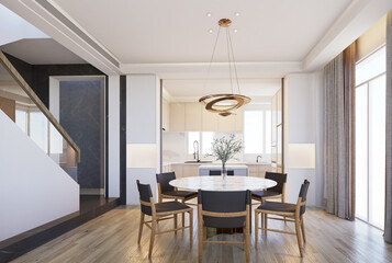 Modern Dining interior with dining table and chairs. 3D illustration
