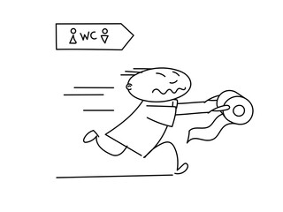 Hand drawn doodle of a man rushing to the toilet. A man runs to the WC with a roll of toilet paper in his hands.