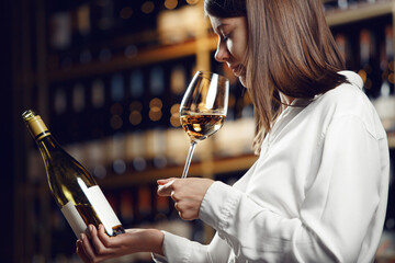 Focused female wine expert smells wine into glass, holding bottle and reads label with characteristics of wine, the year of manufacture, region and the degree of acidity of the alcoholic beverage. - obrazy, fototapety, plakaty
