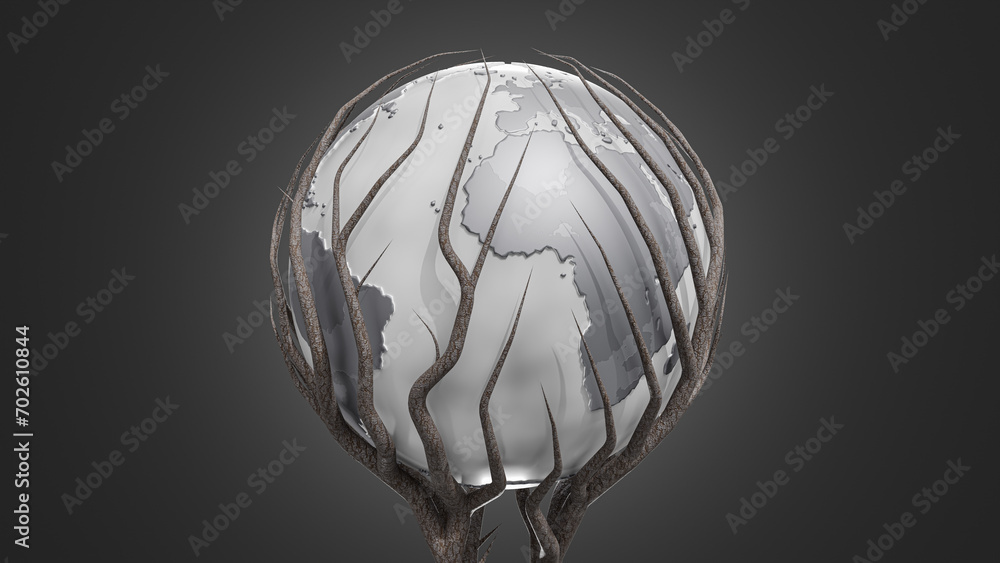 Poster white earth globe was surrounded by branches. minimal idea concept. 3d render.