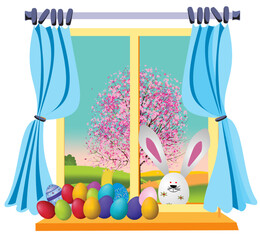 Easter composition with Easter eggs, bunny and window - 702610803