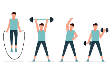 Men who are exercising to stay healthy. Physical training. Exercise equipment. stretching, jumping rope, weight lifting, and sports. Vector illustration flat design style - obrazy, fototapety, plakaty