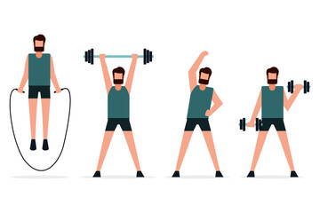 Men who are exercising to stay healthy. Physical training. Exercise equipment. stretching, jumping rope, weight lifting, and sports. Vector illustration flat design style