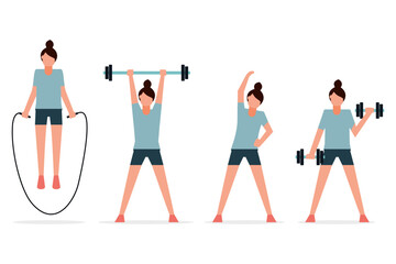 Women who are exercising to stay healthy. Physical training. Exercise equipment. stretching, jumping rope, weight lifting, and sports. Vector illustration flat design style