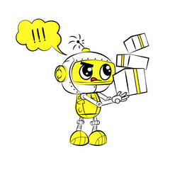A robot messenger carries parcels. Sketch of a robot illustration for websites, web design. Funny cartoon illustration.