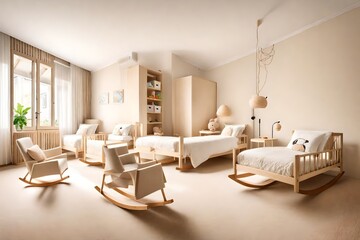 Naklejka na ściany i meble Spacious Kids bedroom with light beige walls, two small beds and white rocking armchair